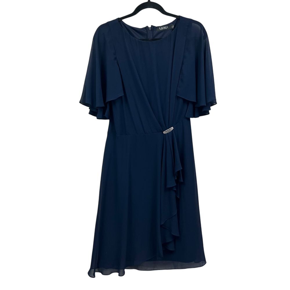 Lauren Ralph Lauren Black Label Women Chiffon Dress Flutter Sleeve Navy 6*